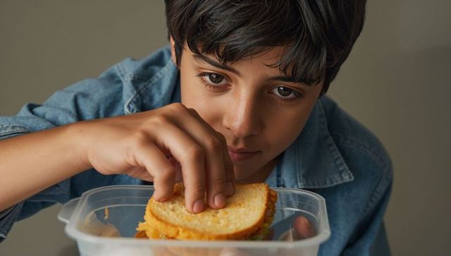 Young boy reaching for school sandwich inside clear plastic lunch container closeup