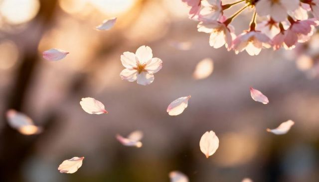 Cherry Blossom Petals Falling in Backlit Morning Glow, Single Flower Floating