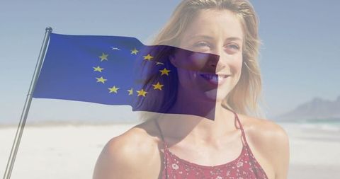 Woman on beach with european union flag overlay