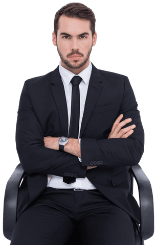 Young businessman sitting confidently with arms crossed on simple chair, displaying seriousness and authority. Ideal for business, leadership, corporate identity branding. Perfect for presentations, marketing materials depicting professionalism.