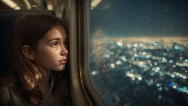 Child gazing out airplane window at night over city lights