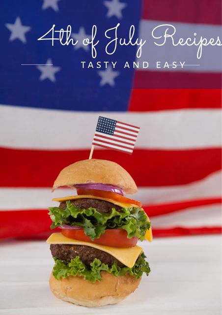 Perfect for promoting 4th of July celebrations, this vibrant composition features a towering cheeseburger topped with an American flag toothpick. Ideal for cookout invitations, festive menu designs, and holiday-themed food blogs.