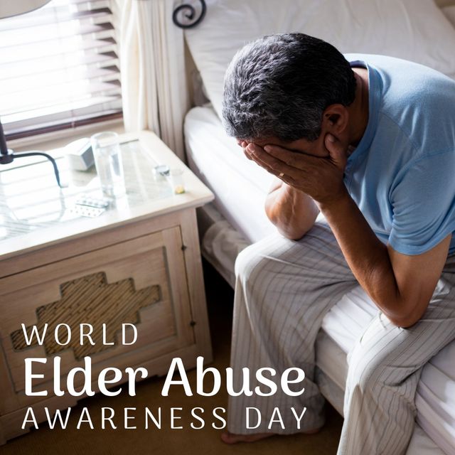 Depiction of an elderly Hispanic man sitting on bed covering his face, highlighting emotional distress and sadness for World Elder Abuse Awareness Day. Suitable for materials raising awareness on elder abuse, elder care initiatives, mental health campaigns, and social issues involving seniors.