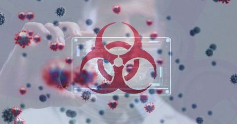 Virus cells and biohazard symbol overlay on technology interface