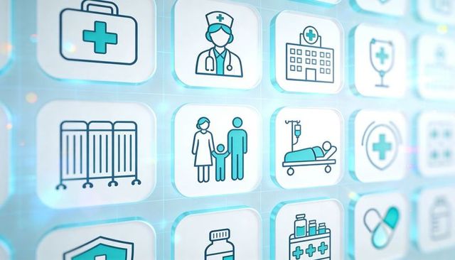 Glowing digital healthcare ui grid featuring family pictogram and beveled medical icon tiles