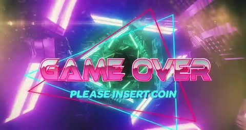 Neon Cyberpunk Game Over Screen with Futuristic 3D Tunnel