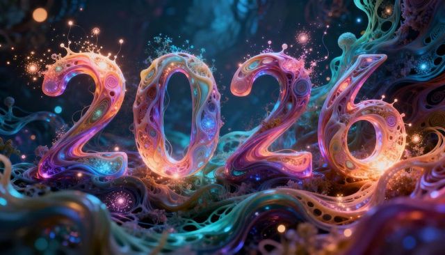 Luminous 2026 neon numerals in bioluminescent nebula with swirling tendrils