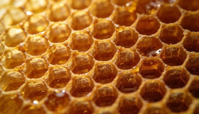 Glistening honey filling hexagonal beeswax comb, macro beekeeping texture and detail