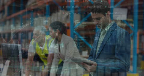 Digital Data Overlays with Supervisors Checking Inventory in Warehouse