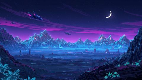 Neon alien valley at night with glowing mountains, crescent moon and futuristic ships, city lights