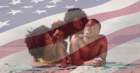Joyful Family on Beach with USA Flag Overlay Symbolizing Patriotism