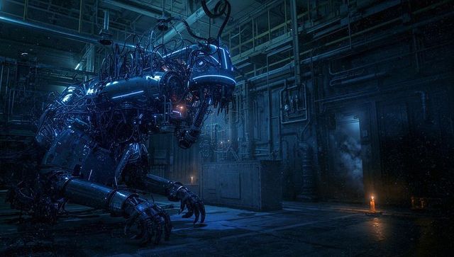 Robotic Wolf Stalking Industrial Environment by Candlelight