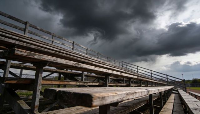 Weathered wooden bleachers under dramatic storm clouds at empty stadium