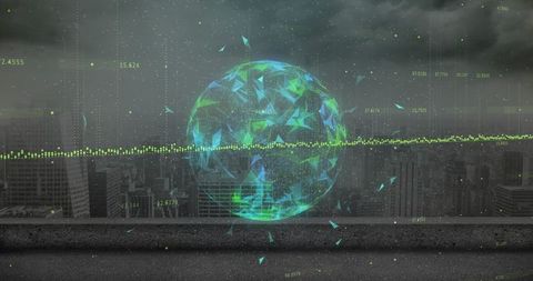 Futuristic holographic globe above urban cityscape