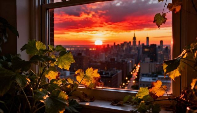 Houseplants framing fiery sunset skyline over urban avenue with glowing headlights