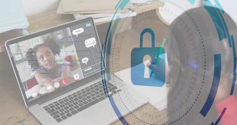 Young girl joining online class with digital padlock overlay symbolizing secure eLearning
