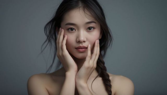 Elegant Portrait of Woman with Braided Hair Against Gray Background