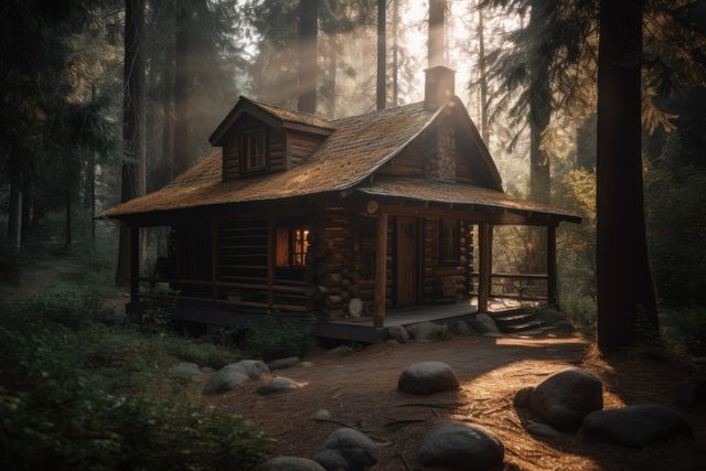 Rustic wooden cabin nestled among tall pine trees in a serene forest. Warm sunlight streams through the trees, creating a tranquil and picturesque atmosphere perfect for a nature retreat or wilderness getaway. This image is ideal for use in travel brochures, nature websites, or promotional materials for cabins and retreats.