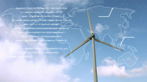 Wind Turbine with Digital World Map and Data Overlay