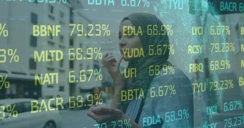 Elegant woman in hijab applying lipstick with financial overlay