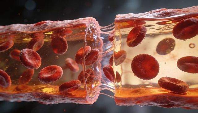 Microscopic ruptured capillary showing flowing red blood cells, plasma and fibrin strands