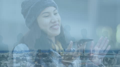 Tech-Savvy Woman Using Smartphone with Overlay Cityscape