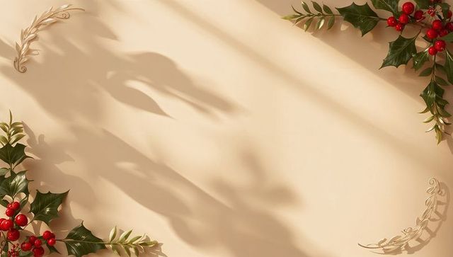 Framing beige card casting soft leaf shadows with glossy holly and gold laurel accents