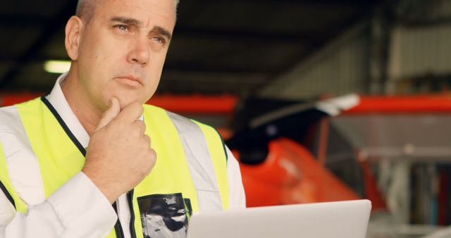 Thoughtful Male Engineer Using Laptop in Industrial Warehouse - Download Free Stock Images Pikwizard.com