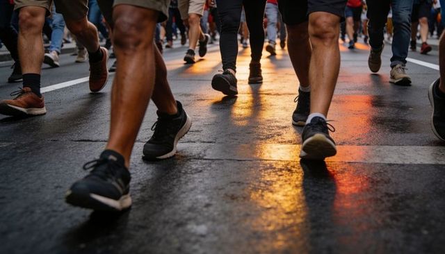 Evening crowd walking on wet city street with glowing reflections and sneakers