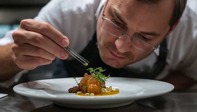 Chef garnishing fine dining plate with tweezers placing microgreens and sauce detail