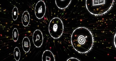Digital network connection interface with icons on black background