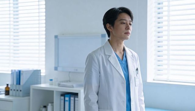 Physician standing by window in sunlit clinic wearing lab coat and blue scrubs