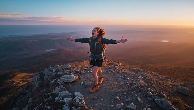 Hiker celebrating on mountain summit at sunset with backpack and hiking boots