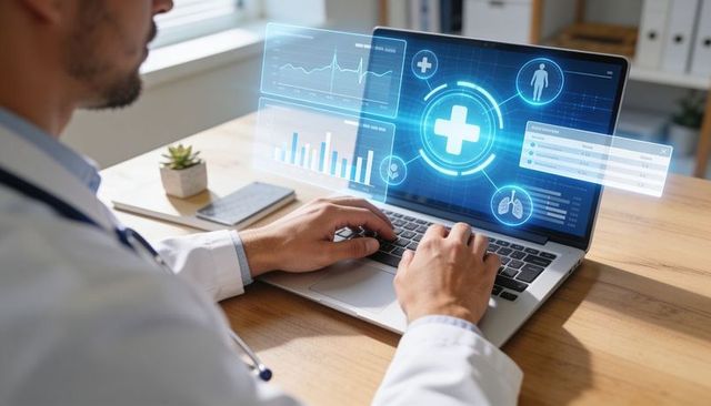 Clinician typing on laptop with holographic medical dashboard and health analytics