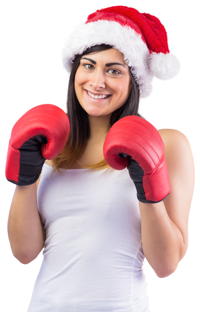 Festive Brunette Woman Wearing Santa Hat with Red Boxing Gloves Transparent Background - Download Free Stock Videos Pikwizard.com