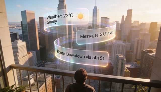 Watching man on high-rise balcony scanning holographic ar panels over city skyline