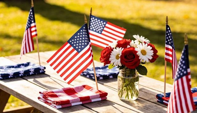 Displaying mason jar bouquet with american flags on picnic table fourth of july centerpiece