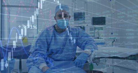Surgeon sitting in blue scrubs and mask facing empty gurney with stock market overlay