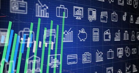 Digital graph rising over business icons on blue background