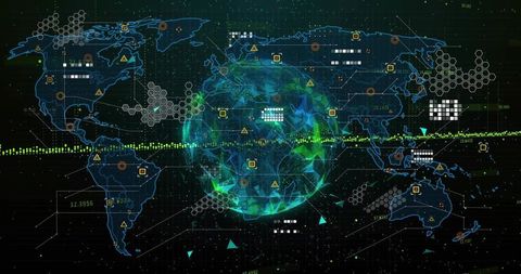 Neon Data Globe HUD Showing Global Network Analytics, Waveform, Hex Grid Cyber Dashboard