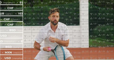 Tennis player on clay court with currency overlay