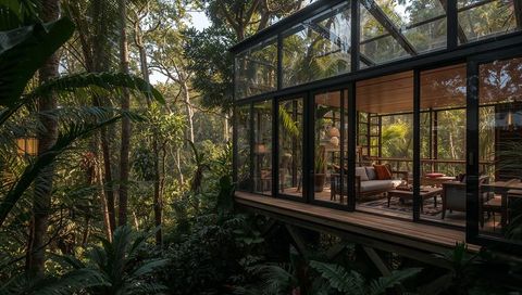 Glass pavilion nestling in tropical canopy with wooden deck and black-framed walls