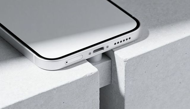 Balancing flat-edge smartphone across concrete slabs showing charging port and sim tray