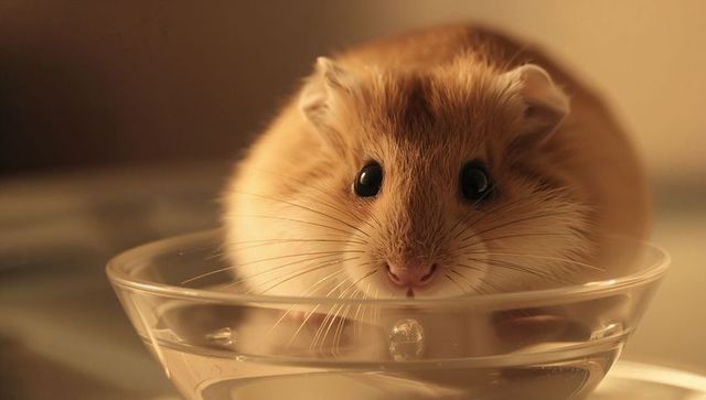 Golden-brown hamster perching on glass bowl rim close-up, wet whiskers, soft warm light