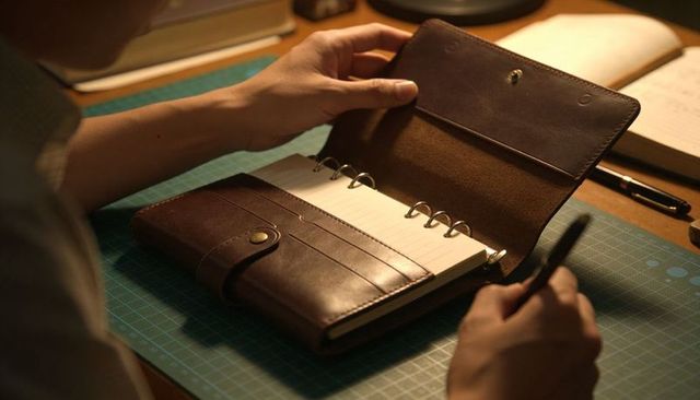 Opening leather ring-binder planner on desk with pen and cutting mat warm workspace