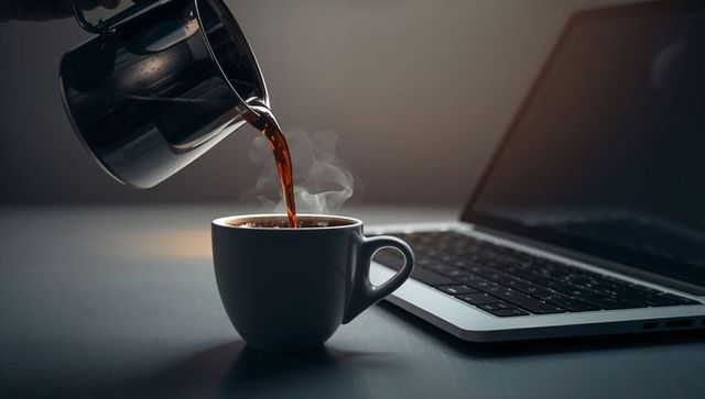 Pouring Fresh Coffee from Stainless Carafe into Gray Ceramic Mug Beside Laptop on Dim Desk