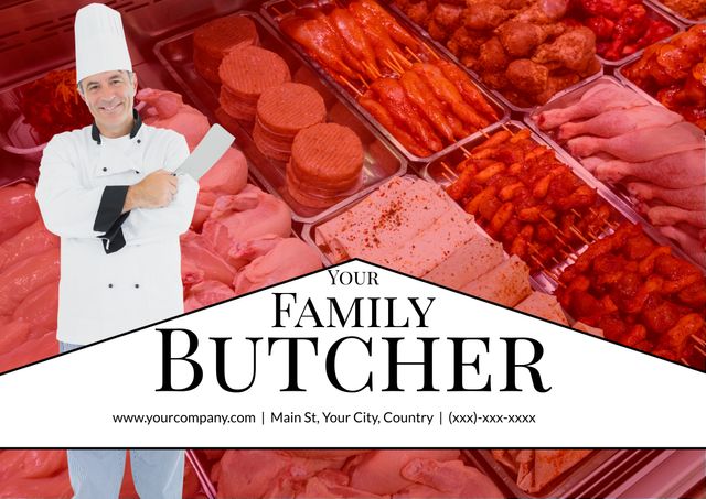 Man in chef outfit standing happily beside various fresh meats including sausages, chicken, and beef. Perfect for advertising local butchery services, culinary businesses, or as a banner for food-related events aimed at showcasing quality and trust. Highlights fresh, premium meat selection available in a friendly neighborhood setting.