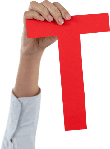 Transparent Hand Holding Red Cardboard Letter T