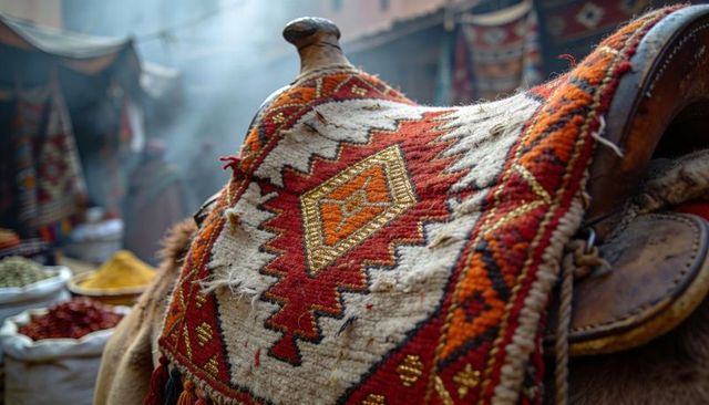 Handwoven kilim saddle blanket draping over leather saddle in vibrant spice bazaar textile
