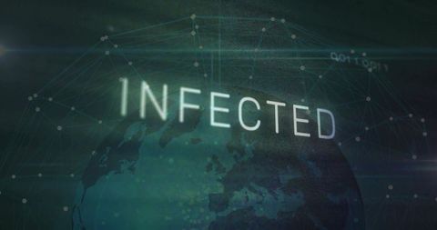 Glowing infected text hovering over earth cyber network neon hologram breach alert warning